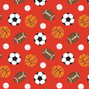 Peut inclure: Motif répété de ballons de sport sur fond rouge. Le motif comprend des ballons de football, de basket-ball, de soccer et de baseball. Les ballons sont dans leurs couleurs respectives, avec des ballons de soccer blancs et noirs, des ballons de basket-ball oranges, des ballons de football marron et des balles de baseball blanches.