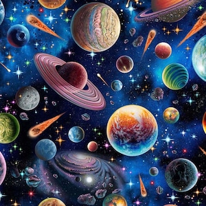 Peut inclure: Une scène spatiale colorée avec des planètes, des étoiles et des comètes. Les planètes sont de différentes nuances de bleu, vert, orange et rouge. Les étoiles sont blanches et jaunes. Les comètes sont orange et blanches.