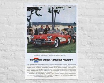 Original Vintage Red Corvette Poster Sports Car 1984 Angel Gifts