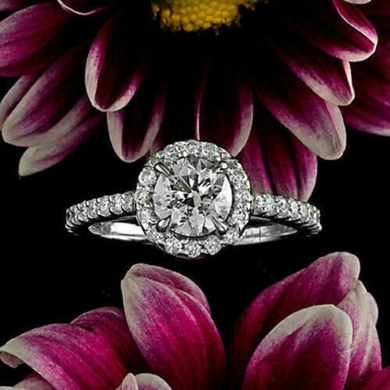 Solitaire With Accent RingHalo Wedding Bridal RingEngagement RingsGift For HerFancy Ring2.00 CT Round Diamond925 Silver14K White Gold