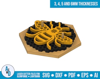 Bee w/ Honeycomb Coaster Set Laser Cut Vector Files SVG DXF PDF Ai | Glowforge | Lightburn