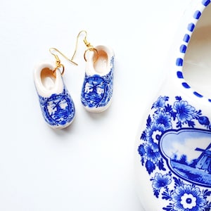 Dutch Clog Earrings, Netherlands Souvenir, Delft Blue Ceramic Jewelry with Charm, Trinket Girl Jewelry