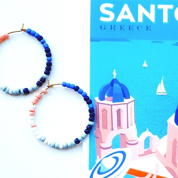 Santorini Greece Earrings, Colorful Hoops with Beads, Greek Earrings, Wanderlust Earrings, Travel Gift for Her, Stocking Stuffer Earrings