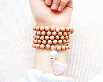 Houten Mala gebedskralen, 108 kralen, lange mala, kralen ketting met kwastje, mala armband voor meditatie, mala met houten kralen, geknoopte mala