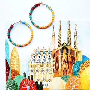 Barcelona Spain Earrings, Colorful Hoops with Beads, Travel Inspired Jewelry, Wanderlust Earrings, Souvenir Travel Gift for Her, Spain Hoops