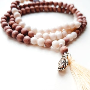 Wood & Glass Mala Beads, Meditation Mala Necklace, 108 Prayer Beads, Yoga Jewelry with Charm, Bead Necklace with Tassel, Meditation Bead 108