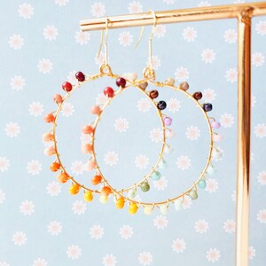 Wire Wrap Earring with Beads, Thin Gold Hoops Unique, Rainbow Hoop Earrings for Summer, Statement Hoop Earrings Rainbow, Colorful Hoops