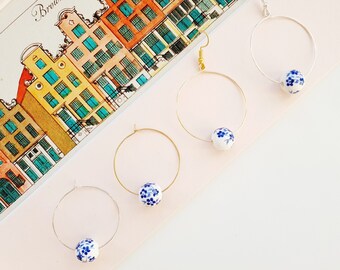 Delft Blue Ceramic Bead Hoops, Minimalistic Hoop Earrings with Bead, Simple Hoops for Every Day, Dutch Ceramic Earrings, Delftsblauw Beads