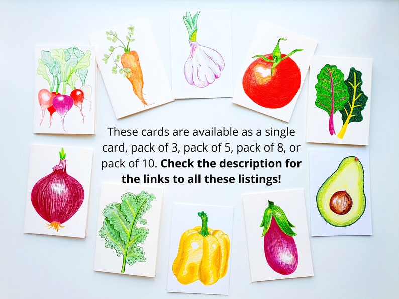 Handdrawn Fruit and Veggie Art Veggie Cards Pack of 3 Handmade Greeting Cards Blank Card Set of Three Card for Teacher Blank Inside