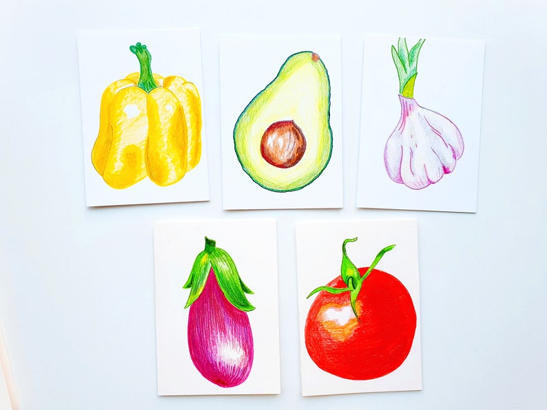 Handdrawn Fruit and Veggie Art Veggie Cards Pack of 3 Handmade Greeting Cards Blank Card Set of Three Card for Teacher Blank Inside