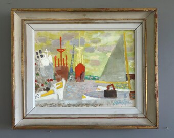 Mid-Century Modern Original Semi-Abstract Landscape Oil Painting - 'Harbour in Hues' -  Framed Wall Art - Sweden Artist