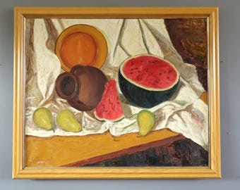 1973 Mid Century Modern Vintage Vibrant Expressive Still Life Oil Painting - 'Watermelon & Pot' - Framed Wall Art - Sweden Artist
