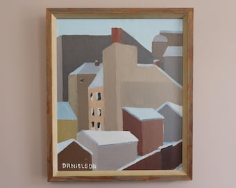 Pintura a óleo abstrata vintage de meados do século XX com paisagem urbana - 'Telhados de inverno' - Arte de parede sueca emoldurada