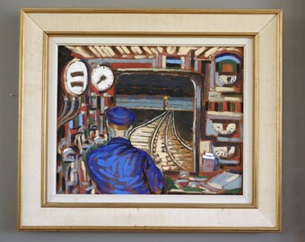 Oryginalny, półabstrakcyjny obraz olejny w stylu mid-century modern z okresu późnego średniowiecza – „Przez tunel” – oprawiony obraz ścienny – szwedzki artysta