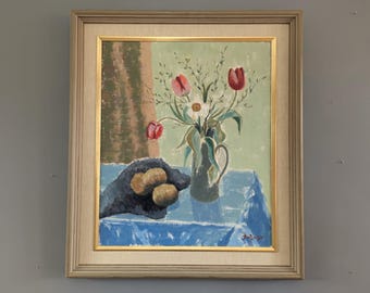 Dipinto a olio originale modernista vintage di metà secolo, natura morta espressiva - Tulipani in una brocca - Arte murale svedese con cornice