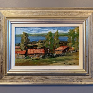 Vintage Original Expressive Landscape Oil Painting - 'Red Houses in Nature' - Framed Mid Century Modern - Sweden Wall Art Painting