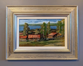 Vintage Original Expressive Landscape Oil Painting - 'Red Houses in Nature' - Framed Mid Century Modern - Sweden Wall Art Painting