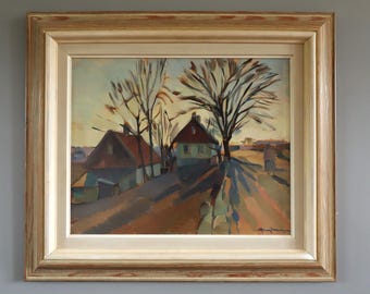 Vintage Mid Century Modern Original Landscape Oil Painting - 'The Quiet Road Home' - Framed Wall Art- Swedish Artist