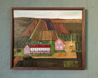 Vintage Original Mid-Century Swedish Modernist Landscape Oil Painting- The Working Farm - Mid-Century Modern - Framed Wall Art - Sweden Art