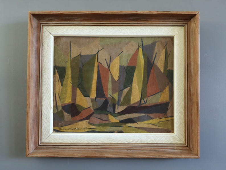 1955 Vintage Modernist Original Swedish Abstract Landscape Oil Painting - "Woodland Rhythm" - Framed Wall Art image 1