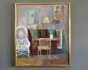 1964 Vintage Mid Century Modern Original Interior Scene Oil Painting - 'Interior with Desk' - Framed Wall Art - Swedish Art