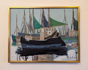 Vintage Mid-Century Modern Swedish Original Seascape Oil Painting - 'Green Sails' - Vintage Framed Wall Art