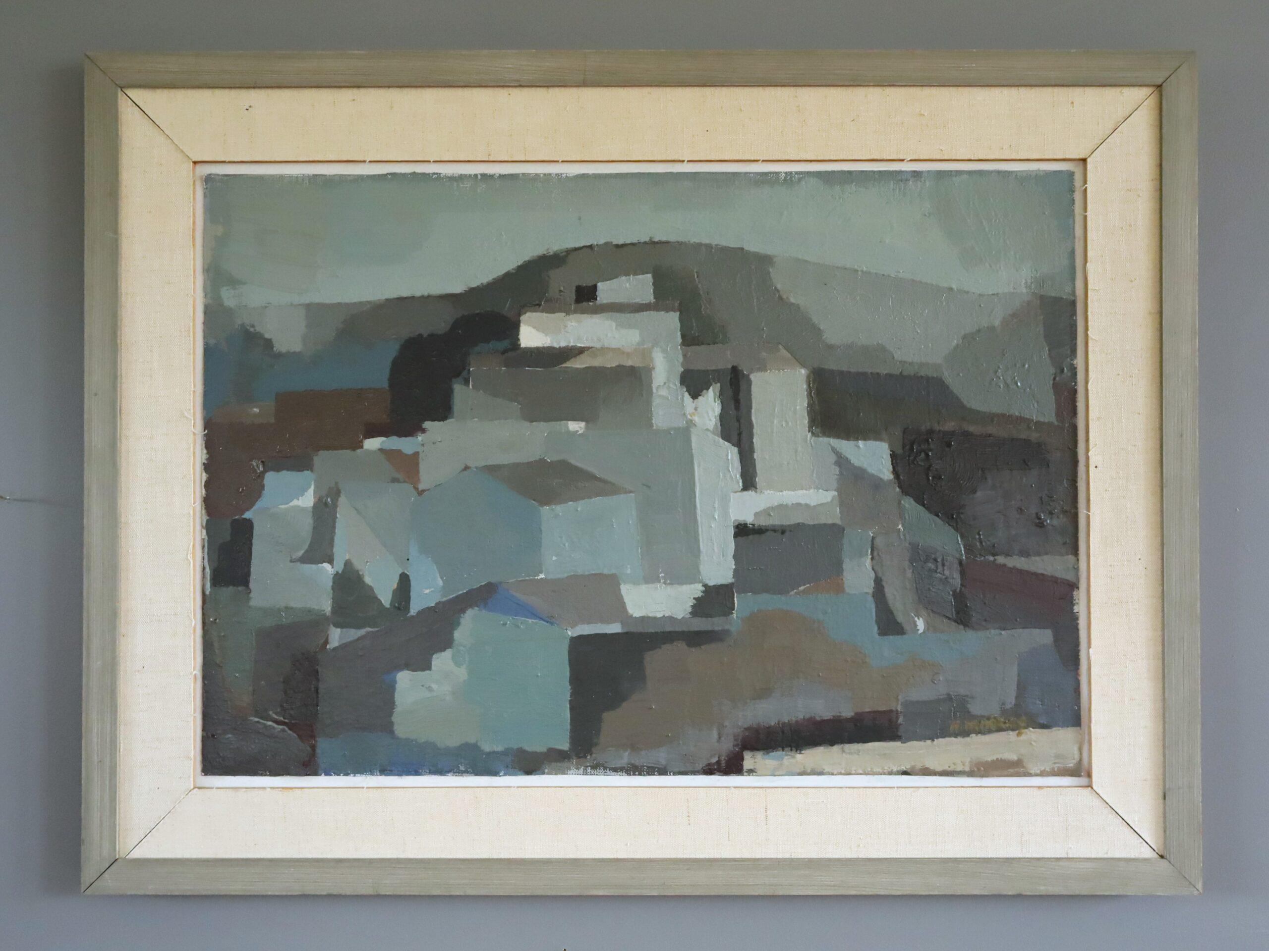 Vintage Mid Century Modern Original Abstract Landscape Oil Painting - "Urban Blocks" - Framed Wall Art