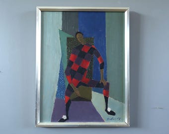 1961 Vintage Mid Century Modern Original Geometric Figurative Oil Painting - 'Seated Harlequin' - Swedish Framed Wall Art