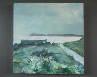 Contemporary Original Modernist Landscape Oil Painting -  &#39;Cornish Coast&#39; - Unframed Wall Art - British Artist Nicky Knill Jones (b.1974)