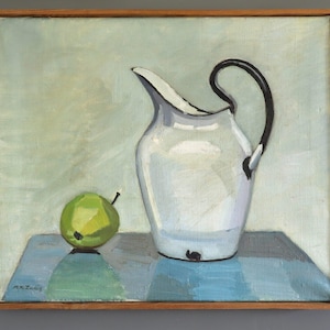 Vintage Mid-Century Modern Original Still Life Oil Painting - "Pear & Pitcher" - Framed Wall Art - Swedish Artist