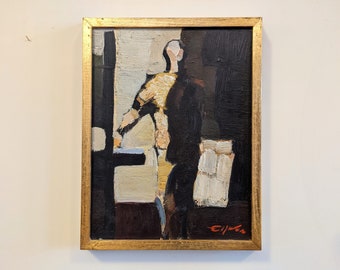 Vintage Mid Century Swedish Original Oil Painting  - 'In the Shadows' - Abstract Figurative Painting - Modernist Artwork - Framed Wall Art
