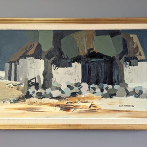 1967 Vintage Original Semi-Abstract Landscape Oil Painting - 'Nature Dwellings' - Framed Wall Art - Mid-Century Modern Artwork