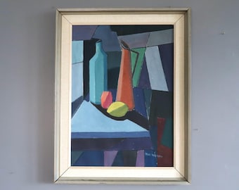Vintage Mid-Century Modern Original Geometric Abstract Still Life Oil Painting  - 'Constructed Still Life' - Framed Wall Art - Swedish Art