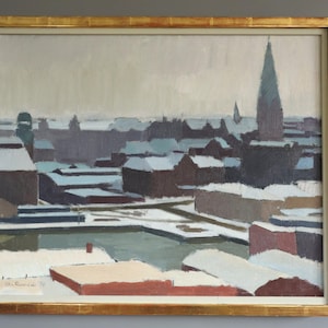 1970 Vintage Modernist Original Cityscape Landscape Oil Painting - &quot;Winter Skyline&quot; - Framed Wall Art - Swedish Artist
