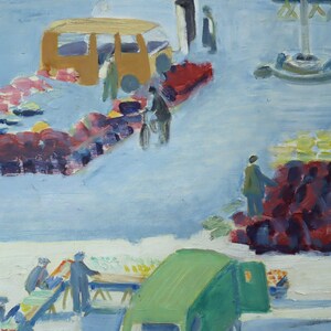 Pode incluir: Pintura impressionista de uma cena de mercado. Uma carrinha amarela e um cami&atilde;o verde s&atilde;o vis&iacute;veis, juntamente com figuras de pessoas. A cena &eacute; pintada em tons de azul, amarelo, vermelho e verde, com foco na atividade do mercado.