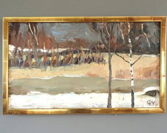 Vintage Mid Century Modern Original Expressive Landscape Oil Painting - &#39;Late Winter&#39; - Framed Wall Art