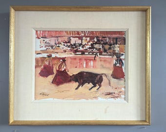 May include: A painting depicting a bullfight scene. Two figures in red dresses stand in a bullring, with a black bull charging towards them. The painting is done in a loose, impressionistic style with vibrant colors.