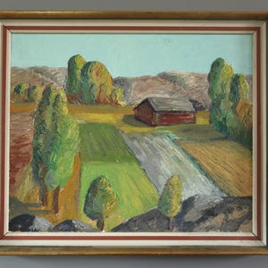 Vintage Mid-Century Modern Expressive Original Landscape Oil Painting - 'Golden Hour Fields' -  Framed Wall Art - Swedish Artist