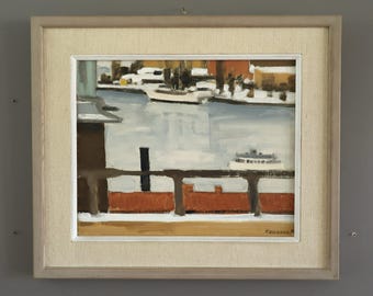 1968 Vintage Mid-Century Modernist Original Swedish Landscape Painting - "Harbour View" - Framed Wall Art