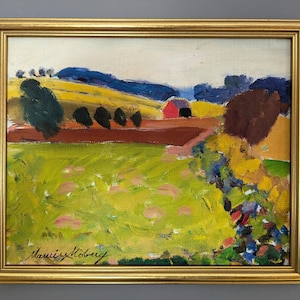 Mini peinture à l'huile vintage paysage postimpressionniste moderne Mid-Century - « Fresh Fields » - oeuvre d'art murale encadrée originale - artiste suédois