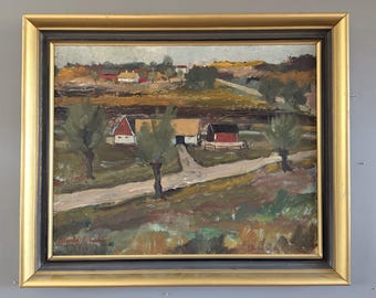 Pintura al óleo original de paisaje expresivo de mediados de siglo, vintage, de 1946: «Tranquilidad rural» - Arte mural enmarcado - Artista sueco