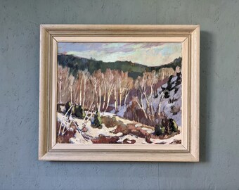 Mid Century Modern Swedish Art - Original Oil Painting - Framed Landscape Oil on Canvas - 'Alp Trees' - Winter Landscape - Vintage Wall Art