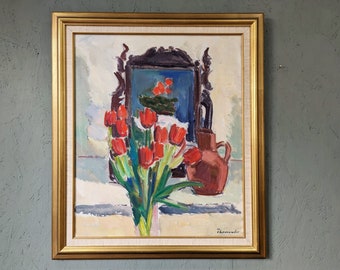 Dipinto a olio originale vintage di natura morta di metà secolo - Tulipani rossi - Opera d'arte del XX secolo - Arte murale svedese - Incorniciato