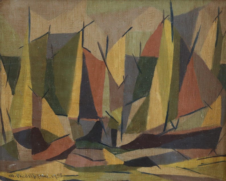 1955 Vintage Modernist Original Swedish Abstract Landscape Oil Painting - "Woodland Rhythm" - Framed Wall Art image 7