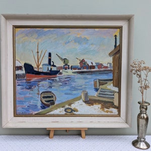 Vintage Oil Painting - Sunset Harbour - Mid 20th Century Artwork - Landscape - seascape - coastal - cranes - dock - ships -boats - framed