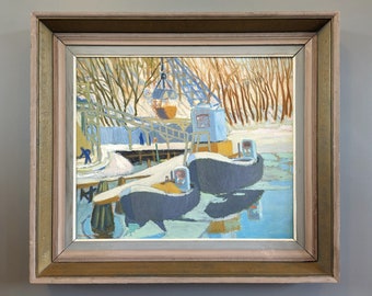 1945 Vintage Original Oil Painting - 'Quay Cranes' - Mid-Century Modern Framed Seascape Artwork - Swedish Art - Modernist Wall Art