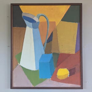 Vintage Mid-Century Modern Original Geometric Abstract Still Life Oil Painting  - &quot;Geometric Still Life&quot; - Framed Wall Art