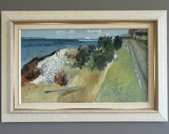 Vintage Mid-Century Original Modern Coastal Landscape Oil Painting - &#39;Coastal Road&#39; - Swedish Framed Wall Art