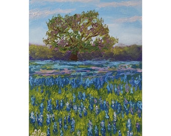 Bluebonnet Painting Original Artwork Texas Bluebonnets Field Landscape Impasto Oil Painting 10 by 8 in