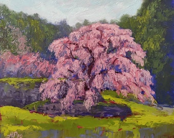 Cherry Blossom Painting Sakura Original Art Cherry Tree Landscape Oil Painting 10 by 12 in